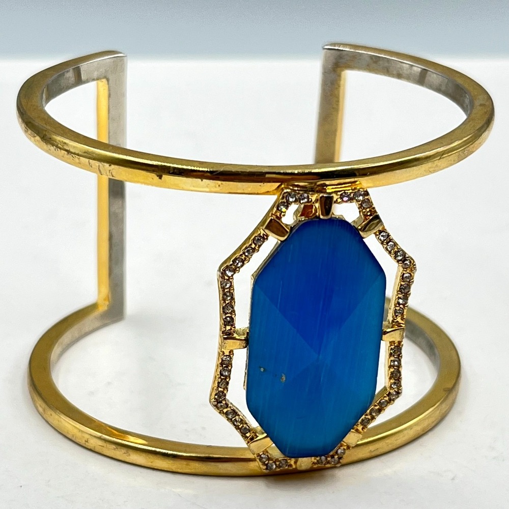 Vintage Boho Cobalt Blue Cat's Eye Hexagon Gold Tone Cuff Bracelet‎ Classic